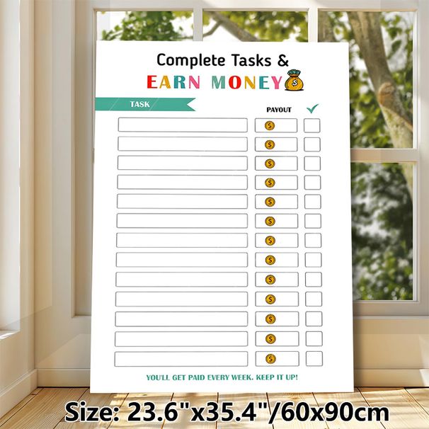 Task & Earn Money Themed Painting Poster, Colorful Structured Task-tracking Poster, Functional Design To Manage Tasks And Track Weekly Earnings, Ideal_maomaolike.com