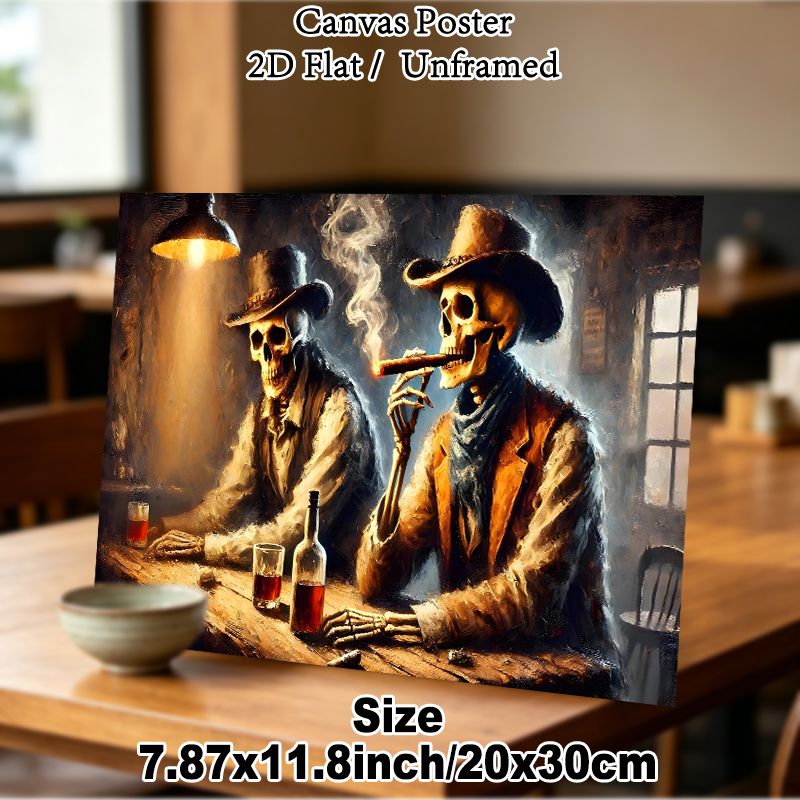 Cowboy Skeleton Painting Poster, Vintage Dark Moody Western Oil Painting Poster, Rustic Saloon Scene With Skeleton Cowboys, Artistic Wall Decor For_maomaolike.com