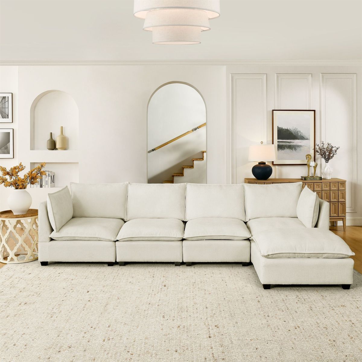 Convertible Sectional Sofa Couch With Ottoman, Cloud Couch 4 Seat L Shaped Sofa With Padded Armrests And Ottoman .Cloud Sofa For Living Room, Apartment And Office, Beige(Beige White)_maomaolike.com