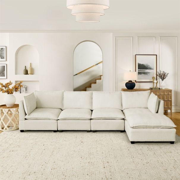 Convertible Sectional Sofa Couch With Ottoman, Cloud Couch 4 Seat L Shaped Sofa With Padded Armrests And Ottoman .Cloud Sofa For Living Room, Apartment And Office, Beige(Beige White)_maomaolike.com