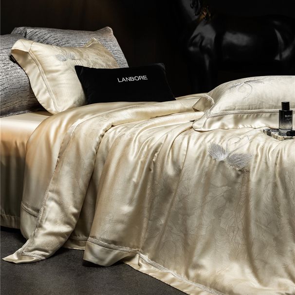 Italian Style Light Luxury Feather Jacquard Embroidery Silky Naked Sleep Cool Bedding Lenzing Lyocell Tencel Four-Piece Set_maomaolike.com