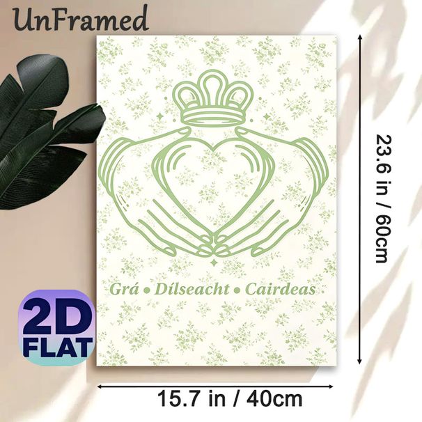 Claddagh Themed Painting Poster, Soft Green Minimal Line Art Floral Pattern Poster, Conveys Love, Loyalty And Friendship, Ideal For Living Room_maomaolike.com