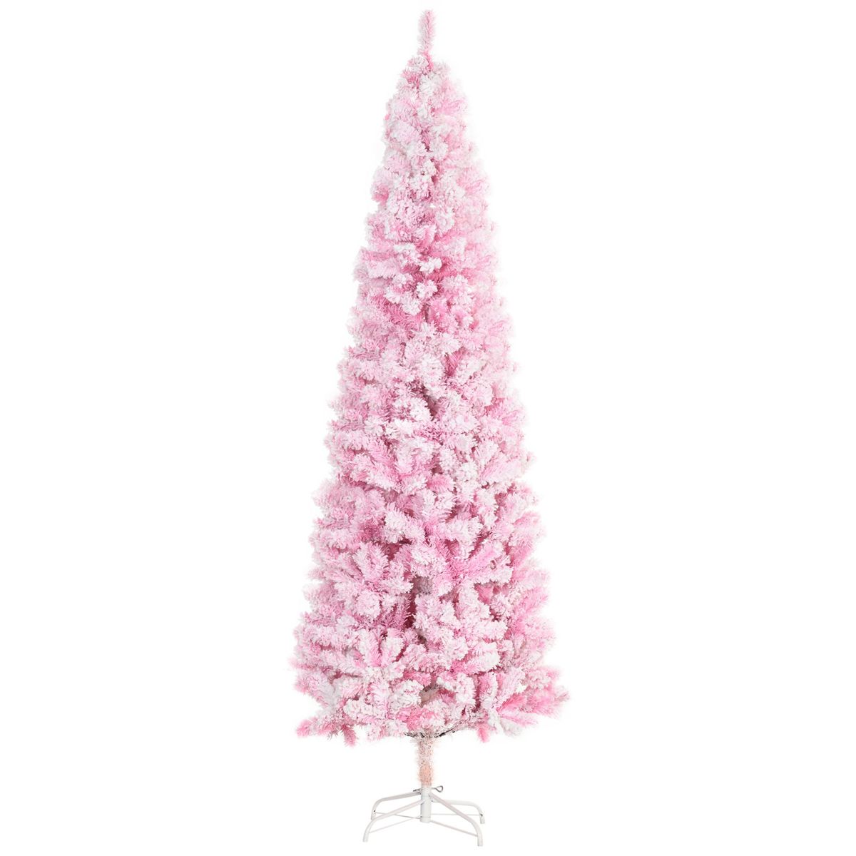 7.5' Tall Unlit Snow Flocked Artificial Christmas Tree Slim Pencil Xmas Tree With Pine Shape And Realistic Branches, Pink_maomaolike.com