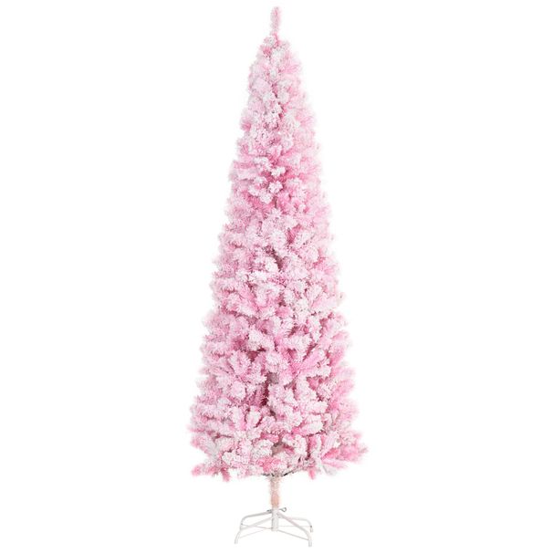7.5' Tall Unlit Snow Flocked Artificial Christmas Tree Slim Pencil Xmas Tree With Pine Shape And Realistic Branches, Pink_maomaolike.com