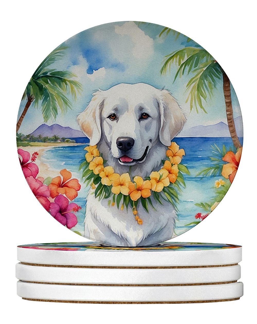 Kuvasz Luau Large Sandstone Coasters Pack Of 4 Absorbent Round Coasters Decor Gifts For Men Or Women, 4 In, Multicolor_maomaolike.com