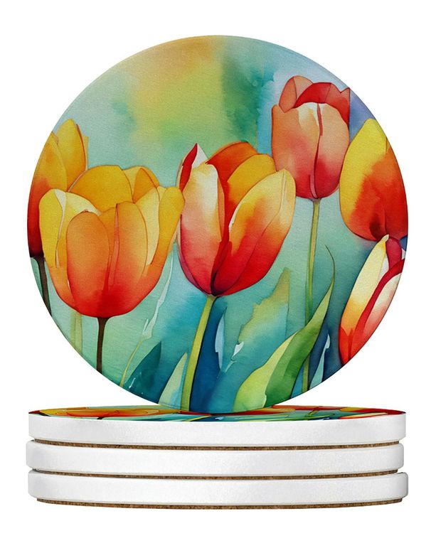 Tulips In Watercolor Large Sandstone Coasters Pack Of 4 Absorbent Round Coasters Decor Gifts For Men Or Women, 4 In, Multicolor_maomaolike.com