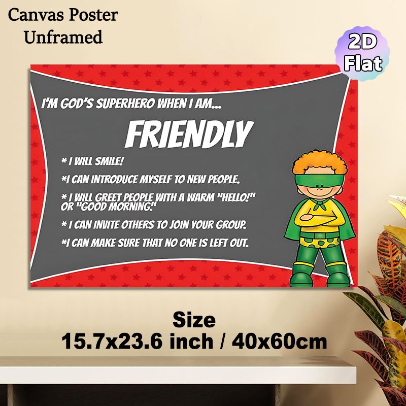 God's Superhero Friendly Themed Painting Poster, Vibrant Cartoon-style Poster, Features Superhero With Friendly Behavior Guidelines, Fosters Positive_maomaolike.com
