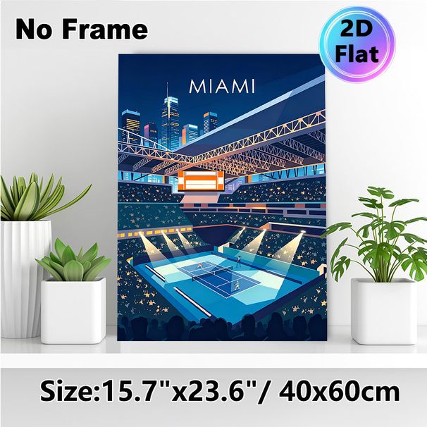 Miami Tennis Stadium Painting Poster, Vibrant Nighttime Stylized Scene Poster, Eye-catching Sports-themed Decor Suitable For Home, Game Room Or Sports_maomaolike.com