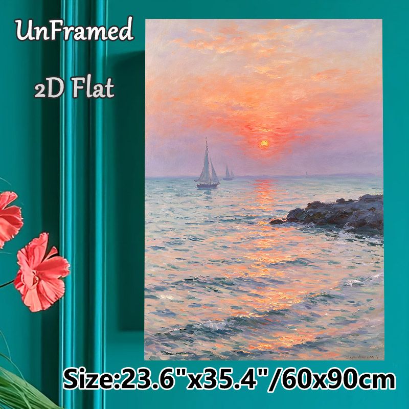 Sunset Seascape With Sailboats Painting Poster, Soft-hued Impressionist Coastal Scene Poster, Calming Ocean View Ideal For Living Room, Bedroom Or_maomaolike.com