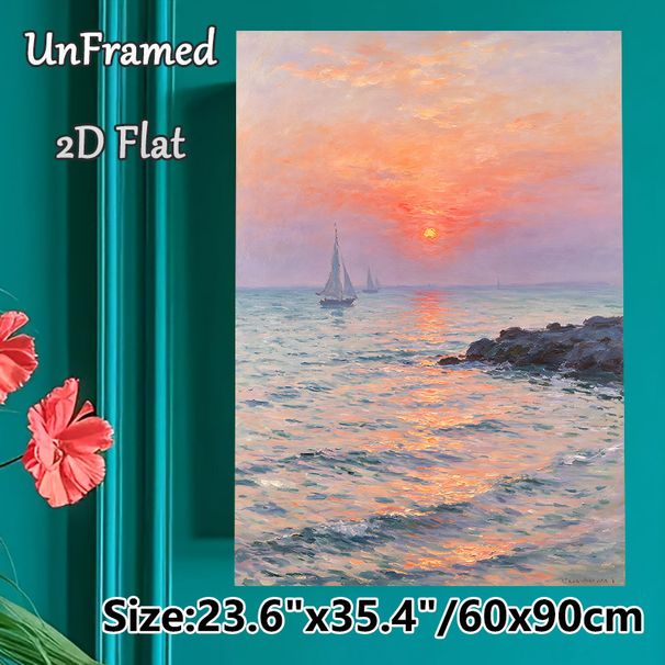 Sunset Seascape With Sailboats Painting Poster, Soft-hued Impressionist Coastal Scene Poster, Calming Ocean View Ideal For Living Room, Bedroom Or_maomaolike.com