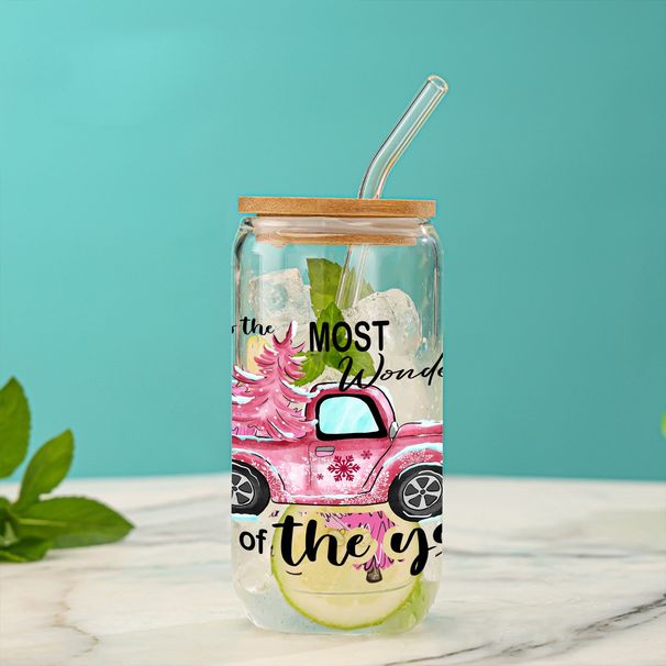 Modern Minimalist Christmas Borosilicate Glass Tumbler With Bamboo Lid & Straw – 16oz Eco-Friendly Leak-Proof Drinkware_maomaolike.com