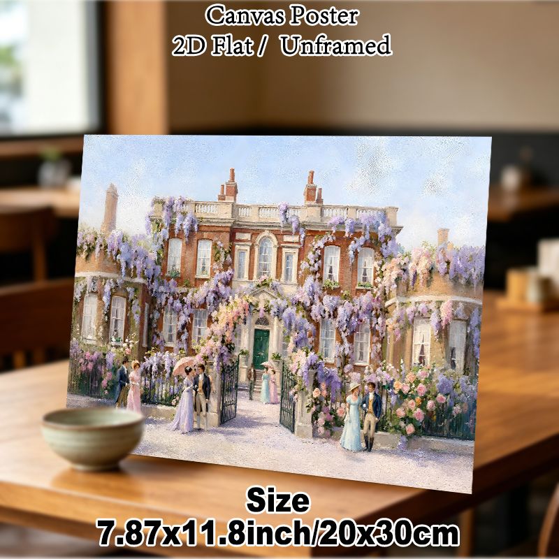 Victorian Manor Garden Painting Poster, Soft-toned Classic Oil Painting Poster, Floral-clad Stately Home With Elegant Period Figures, Brings Timeless_maomaolike.com
