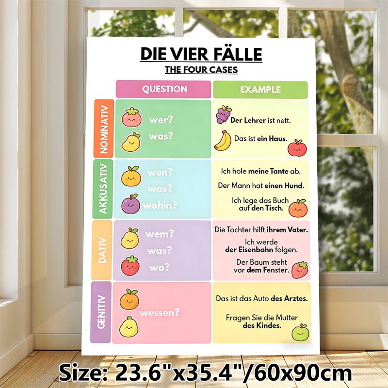 German Grammar Four Cases Painting Poster, Colorful Cute Cartoon Fruit Themed Poster, Practical German Grammar Learning Aid, Suitable For Study Rooms_maomaolike.com