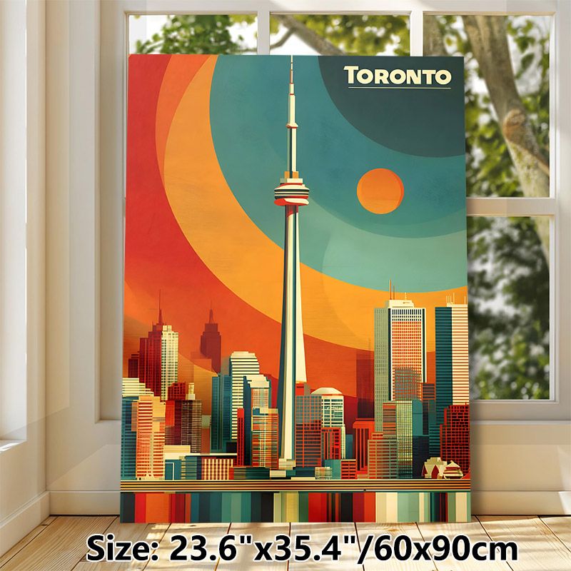 Toronto Cityscape Painting Poster, Retro Vibrant Color-blocked Urban Skyline Poster, Stylish Urban Wall Decor Suitable For Living Room, Office_maomaolike.com