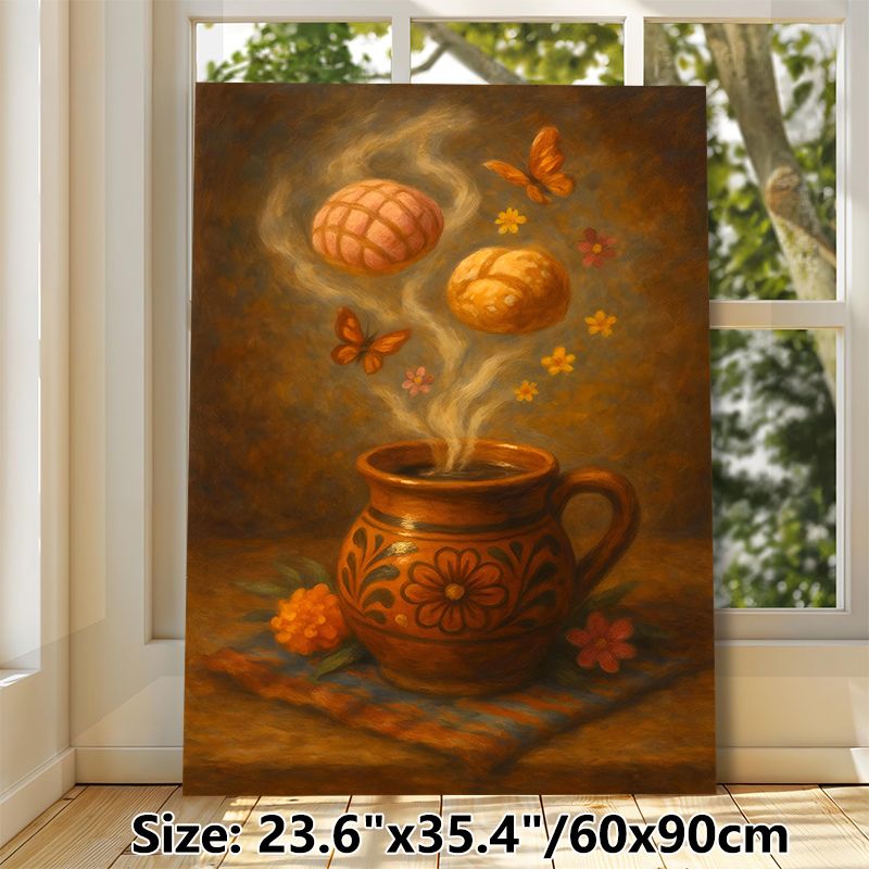 Mexican Hot Cup & Pan Dulce Painting Poster, Warm-toned Vintage Artistic Poster, Whimsical Scene With Butterflies And Flowers, Cozy Nostalgic Decor_maomaolike.com
