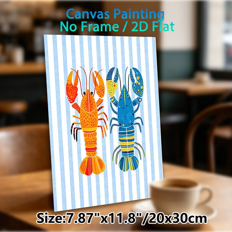 Crayfish Themed Painting Poster, Vibrant Colorful Orange & Blue Crayfish With Striped Backdrop Poster, Playful Coastal-style Decor, Ideal For Kitchen_maomaolike.com