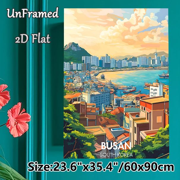 Busan South Korea Cityscape Painting Poster, Warm-toned Vibrant Coastal Urban Scene Poster, Charming Harbor & Mountain Skyline To Add Urban Flair_maomaolike.com