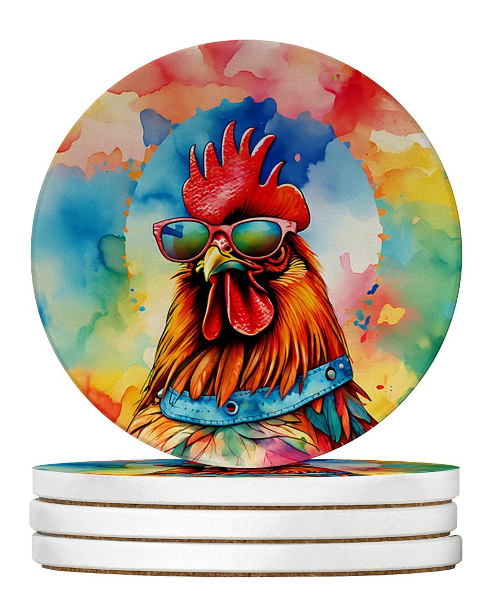 Hippie Animal Red Rooster Large Sandstone Coasters Pack Of 4 Absorbent Round Coasters Decor Gifts For Men Or Women, 4 In, Multicolor_maomaolike.com