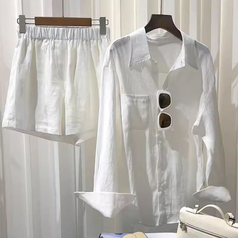Women's Clothing White shirt linen suit loose large size cotton and linen shorts high-end texture long-sleeved shirt two-piece suit_maomaolike.com