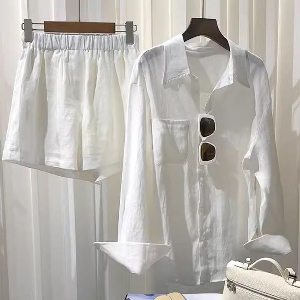 Women's Clothing White shirt linen suit loose large size cotton and linen shorts high-end texture long-sleeved shirt two-piece suit_maomaolike.com