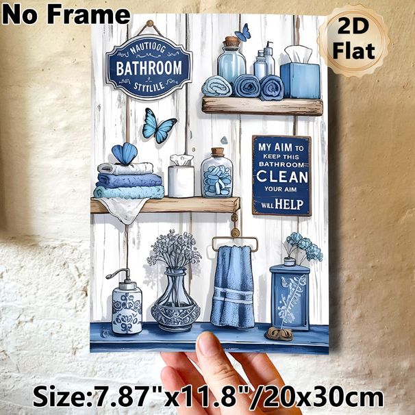 Nautical Bathroom Painting Poster, Vintage Coastal Blue-toned Bathroom Essentials Poster, With Rustic Shelves & Playful Signs, Adds Cozy Tidy Vibe For_maomaolike.com