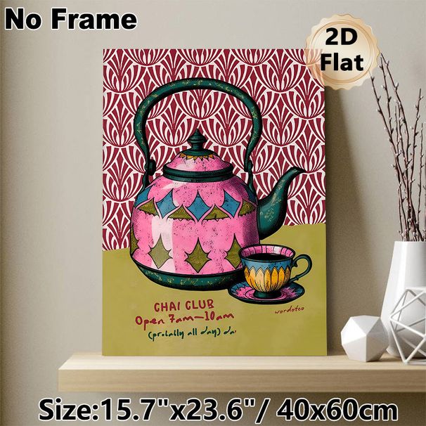 Chai Club Tea Set Painting Poster, Vibrant Vintage Teapot & Teacup Illustration Poster, Brings Cozy Tea-time Vibe, Ideal For Kitchen And Dining Room_maomaolike.com