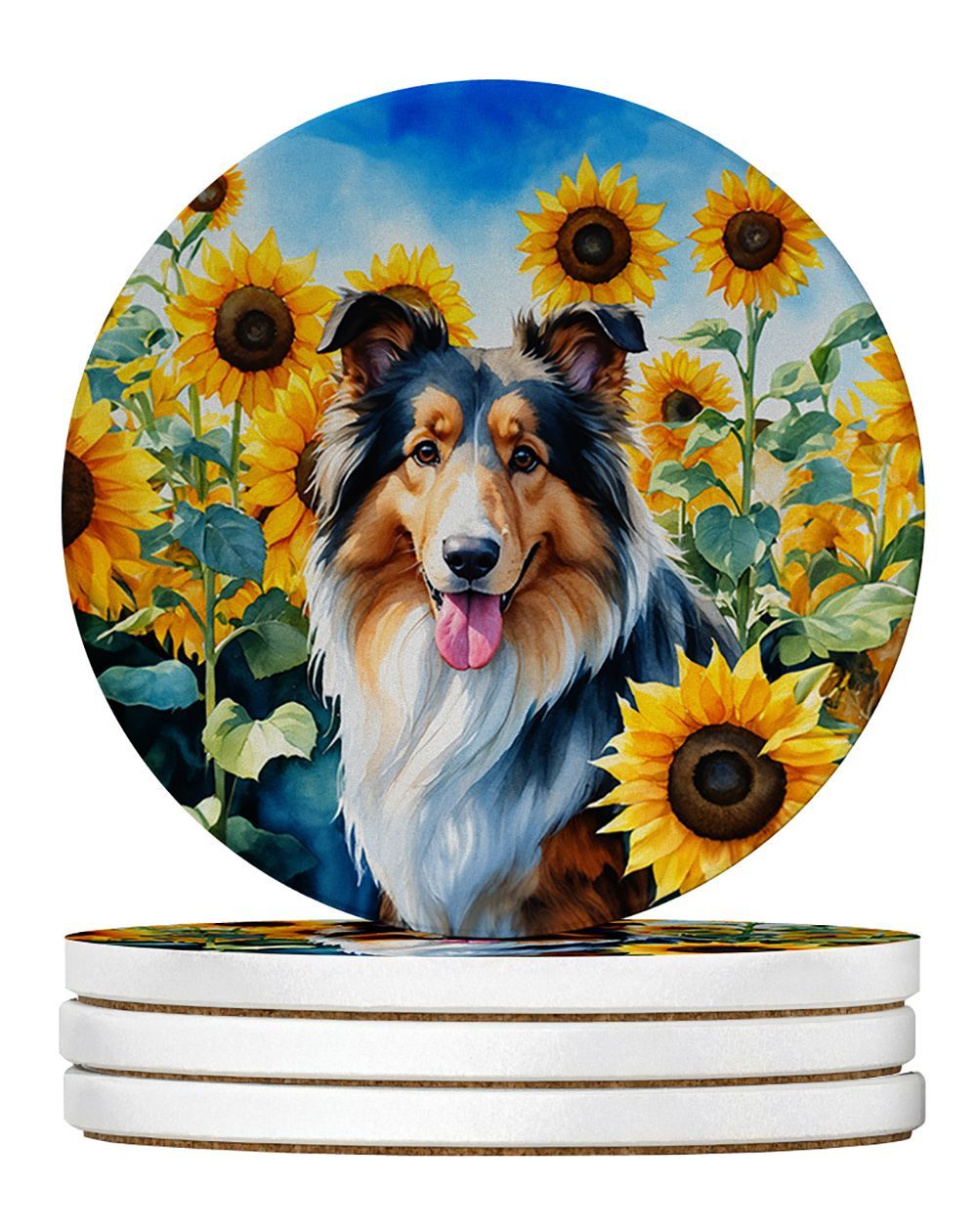Collie In Sunflowers Large Sandstone Coasters Pack Of 4 Absorbent Round Coasters Decor Gifts For Men Or Women, 4 In, Multicolor_maomaolike.com