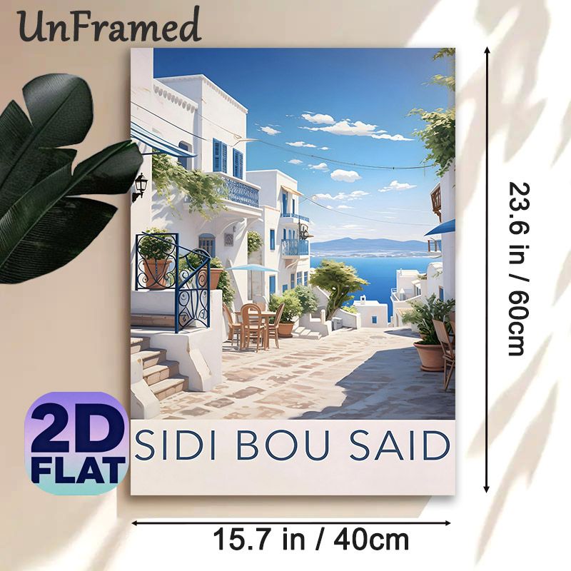Sidi Bou Said Coastal Town Painting Poster, Soft-hued Mediterranean Seaside Town Scene Poster, Serene Scenic Artwork Ideal For Living Room, Bedroom_maomaolike.com