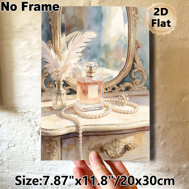 Vanity Dresser With Perfume & Pearls Painting Poster, Soft Watercolor Elegant Vanity Scene Poster, Brings Gentle Refined Ambiance For Bedroom_maomaolike.com