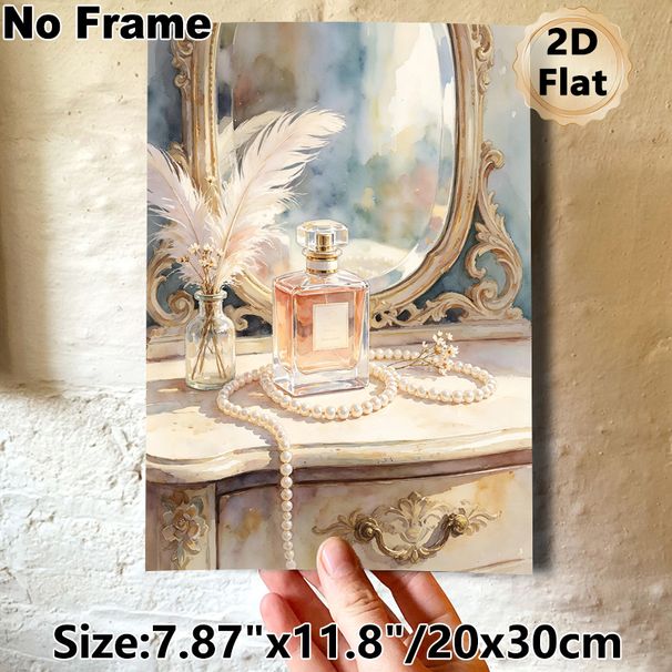 Vanity Dresser With Perfume & Pearls Painting Poster, Soft Watercolor Elegant Vanity Scene Poster, Brings Gentle Refined Ambiance For Bedroom_maomaolike.com