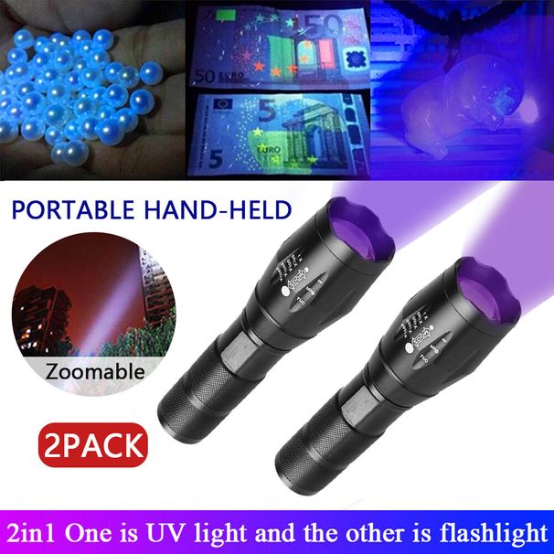UV Torch Ultra Violet Flashlight Zoomable Blacklight Lamp LED Super Bright 250000lm 2 In 1 395nm Mini Pocket Inspection Light 2 Pack_maomaolike.com