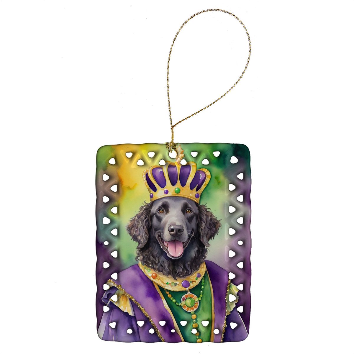 Curly-Coated Retriever King Of Mardi Gras Porcelain Ornament Christmas Tree Hanging Decorations For Home Christmas Holiday, Rectangle, Gift, Multicolor_maomaolike.com