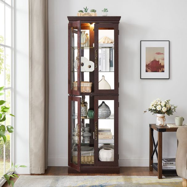 Lighted Glass Curio Display Cabinet,Display Cabinet,Glass Storage Cabinet Glass Wine Cabinet Wood Frame Toy Display For Living Room, Kitchen_maomaolike.com