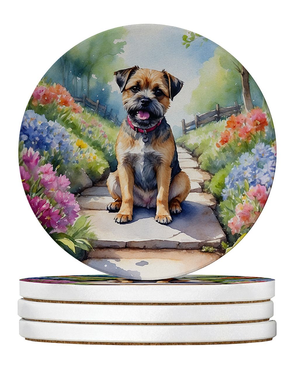 Border Terrier Spring Path Large Sandstone Coasters Pack Of 4 Absorbent Round Coasters Decor Gifts For Men Or Women, 4 In, Multicolor_maomaolike.com