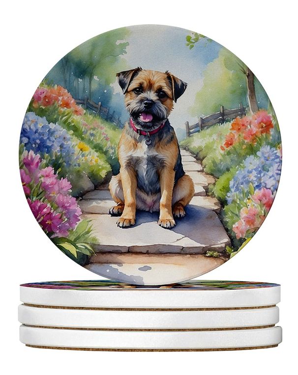 Border Terrier Spring Path Large Sandstone Coasters Pack Of 4 Absorbent Round Coasters Decor Gifts For Men Or Women, 4 In, Multicolor_maomaolike.com