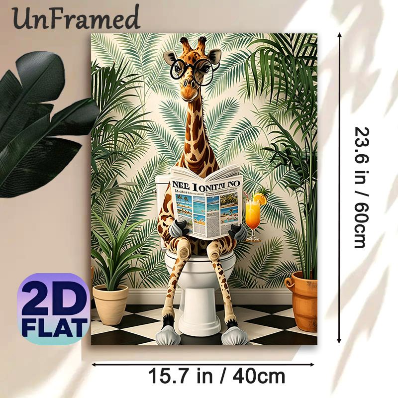 Giraffe Bathroom Themed Painting Poster, Playful Tropical-style Poster Featuring A Bespectacled Giraffe Reading Newspaper On Toilet, Lighthearted_maomaolike.com