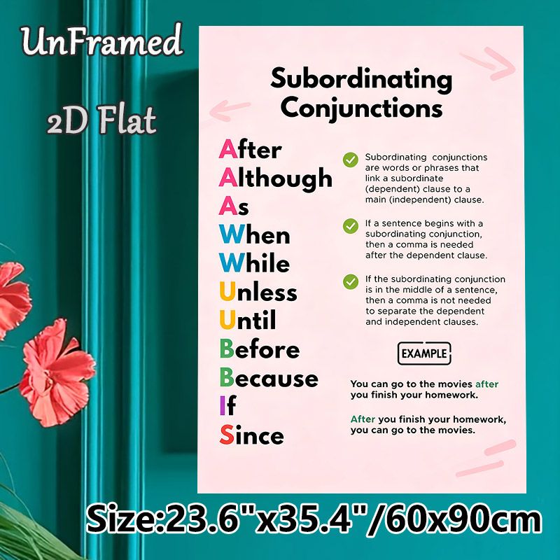 Subordinating Conjunctions Grammar Guide Painting Poster, Colorful Typographic Educational English Grammar Rule Poster, Clear Grammar Learning_maomaolike.com