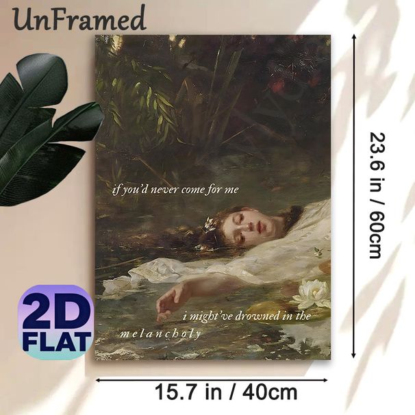 Melancholy Themed Painting Poster, Vintage Oil Painting Style Poster, Features A Woman Afloat In Water With Poetic Text And Water Lilies, Evokes_maomaolike.com