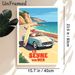 Coastal Road Trip Painting Poster, Vintage-style Retro Convertible With Surfboard On Seaside Cliff Road Poster, Warm Nostalgic Vibe For Living Room_maomaolike.com