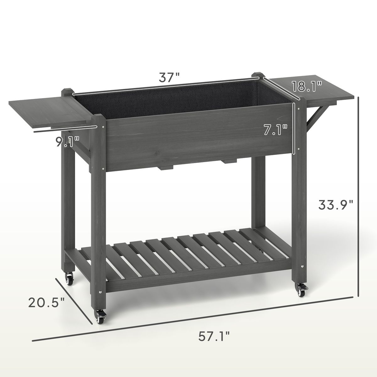 Wood Raised Planter Box, Elevated Garden Bed With Lockable Wheels, Side Tables, Bottom Shelf, Drain Holes, Gray_maomaolike.com