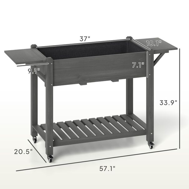 Wood Raised Planter Box, Elevated Garden Bed With Lockable Wheels, Side Tables, Bottom Shelf, Drain Holes, Gray_maomaolike.com