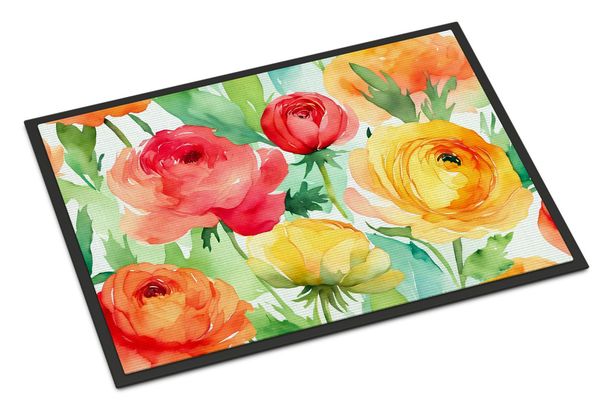 Ranunculus In Watercolor Doormat Front Door Mat Indoor Outdoor Rugs For Entryway, Non Slip Washable Low Pile, 24H X 36W_maomaolike.com