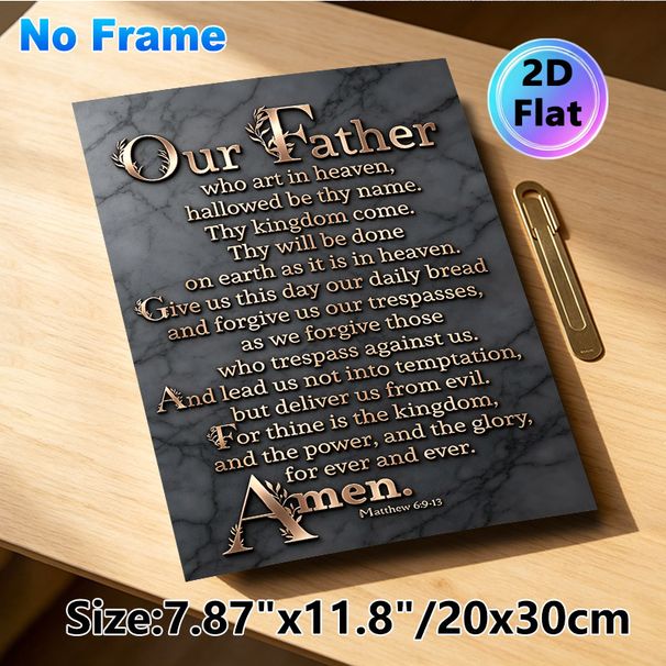 Our Father Prayer Painting Poster, Elegant Metallic Script On Dark Marble Poster, Inspirational Religious Scripture Decor Suitable For Home, Church_maomaolike.com