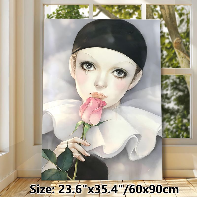 Pierrot-style Lady With Rose Painting Poster, Soft-toned Artistic Portrait Poster, Poignant Emotional Artwork Ideal For Bedroom And Living Room Wall_maomaolike.com