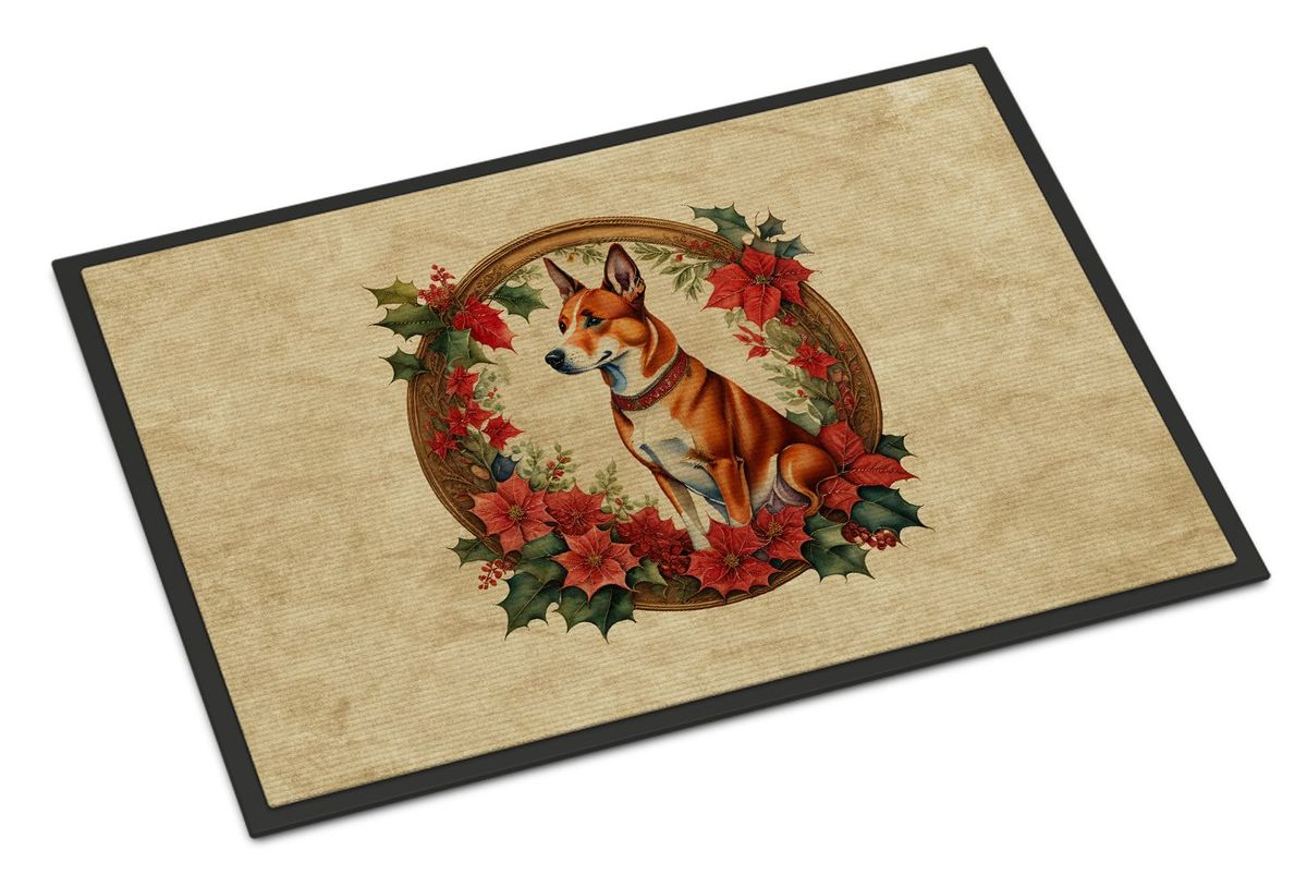 Basenji Christmas Flowers Doormat Front Door Mat Indoor Outdoor Rugs For Entryway, Non Slip Washable Low Pile, 24H X 36W_maomaolike.com