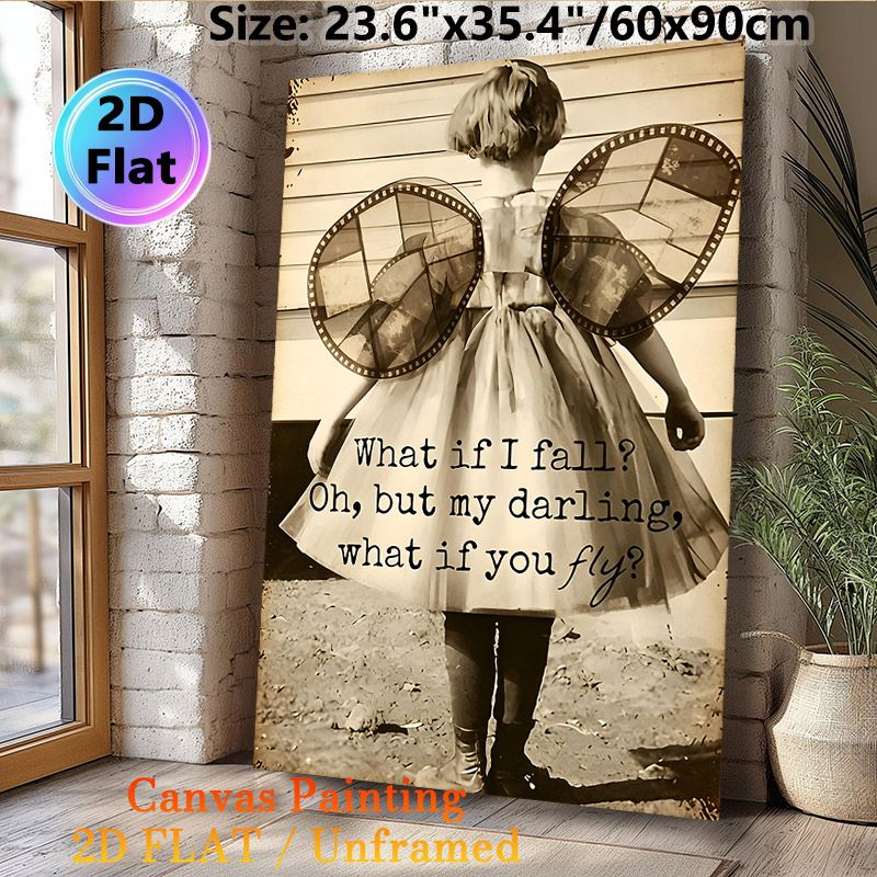 Inspirational Quote Fairy Girl Painting Poster, Vintage Monochrome Poster, Motivational Message With Girl In Dress & Film-strip Wings, Uplifting Decor_maomaolike.com