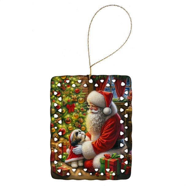 Shih Tzu And Santa Claus Porcelain Ornament Christmas Tree Hanging Decorations For Home Christmas Holiday, Rectangle, Gift, Multicolor_maomaolike.com