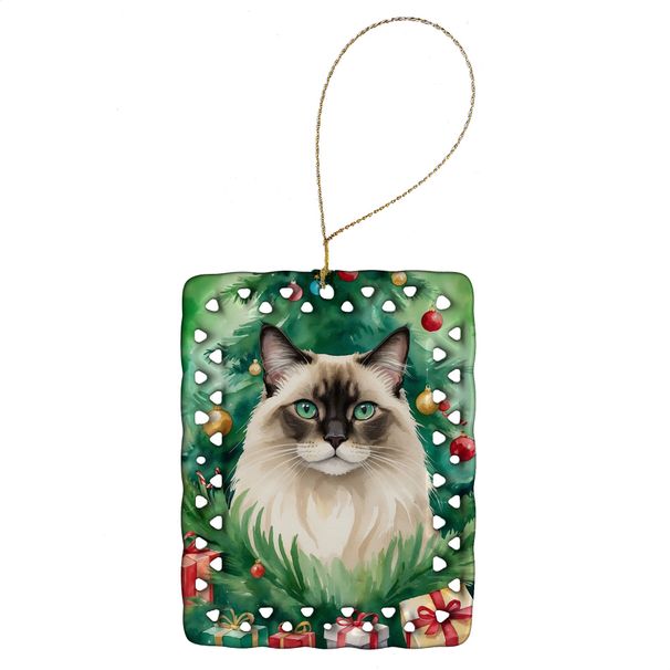Balinese Cat By The Christmas Tree Porcelain Ornament Christmas Tree Hanging Decorations For Home Christmas Holiday, Rectangle, Gift, Multicolor_maomaolike.com