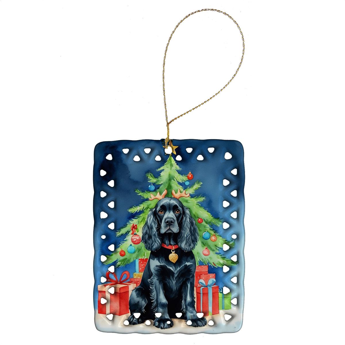 Black Cocker Spaniel Christmas Reindeer Porcelain Ornament Christmas Tree Hanging Decorations For Home Christmas Holiday, Rectangle, Gift, Multicolor_maomaolike.com
