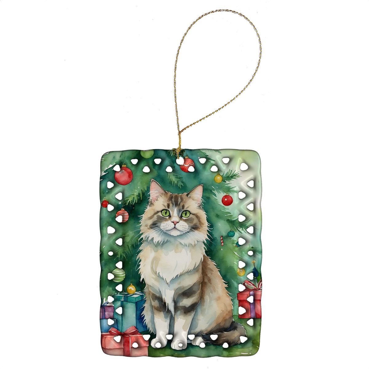 Ragamuffin Cat By The Christmas Tree Porcelain Ornament Christmas Tree Hanging Decorations For Home Christmas Holiday, Rectangle, Gift, Multicolor_maomaolike.com